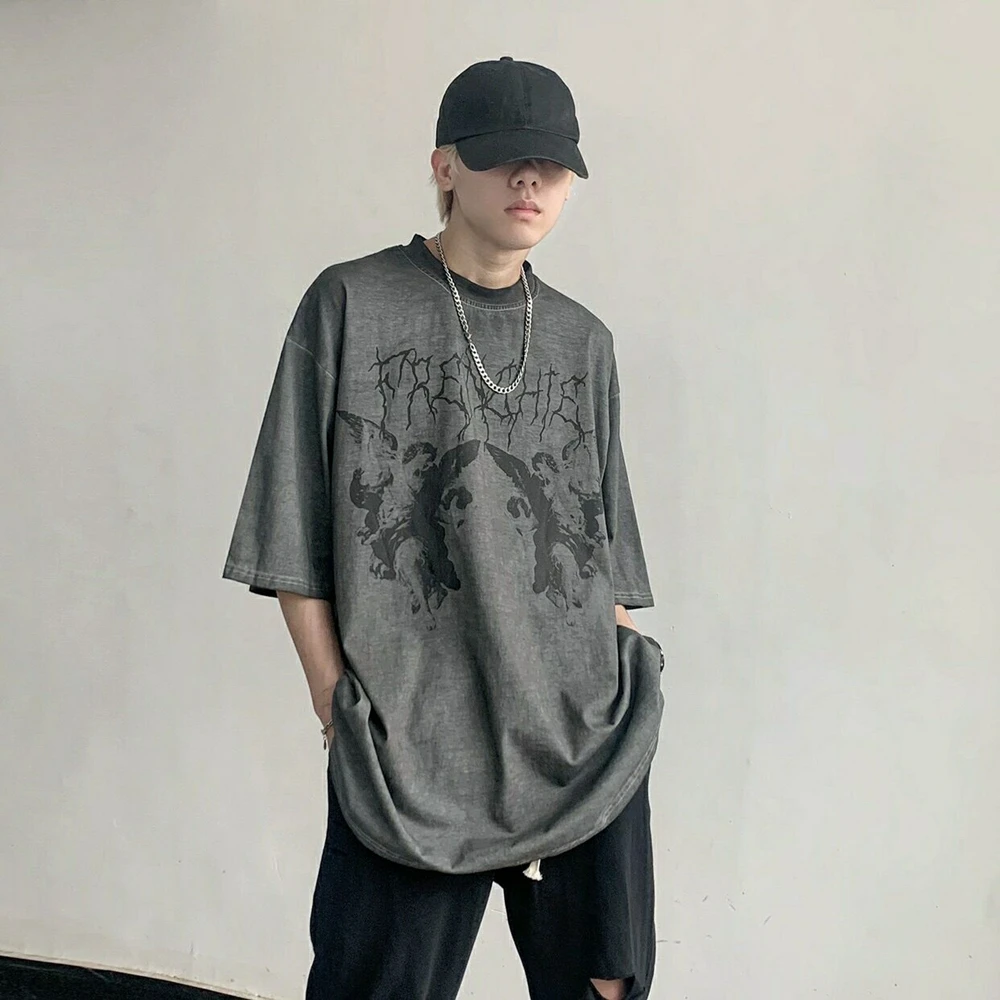 

Shirt Angel Fairy Grunge Dark Print Oversize T Shirt Men Hip-hop Streetwear Harajuku Anime Tshirt Cotton Short Sleeve Tee Punk