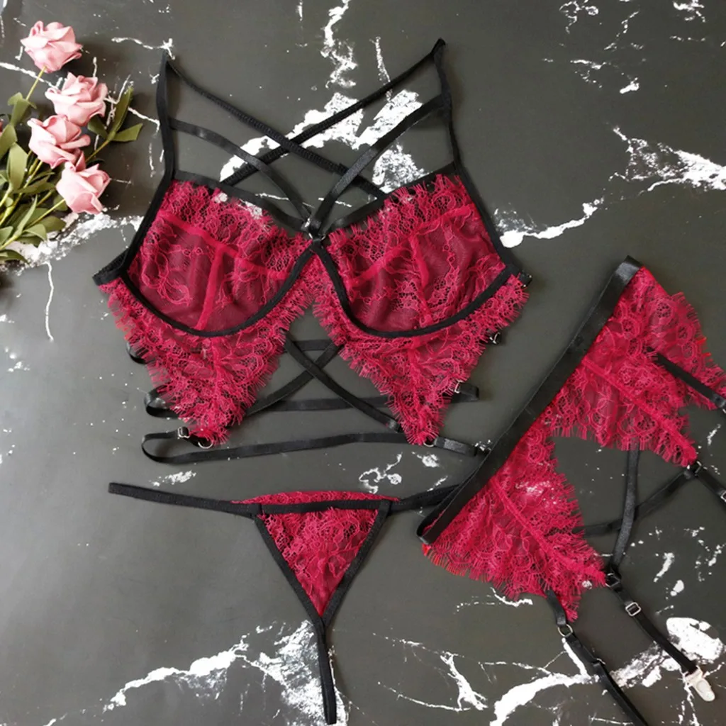 New underwear set plus garter ladies sexy M-3XL large size wireless bra without steel ring Lace red lingerie 30* | Женская одежда