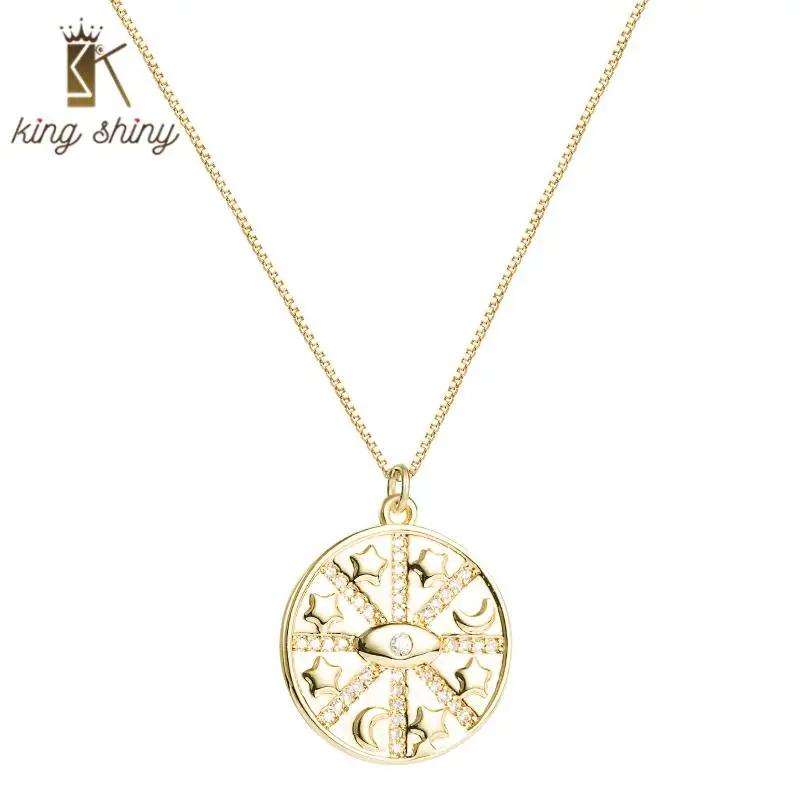 

Elegant Hip Hop Star and Moon Pendant Necklace for Woman Individual Micro Pave Zirconia Coin Necklace Bithday Gifts for Female