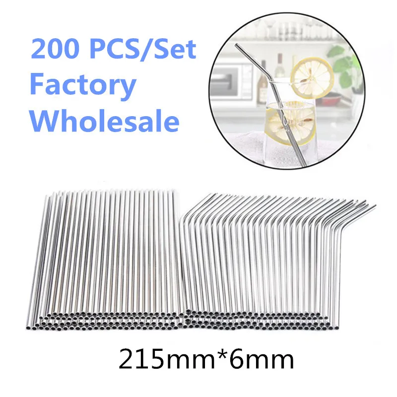 

200pcs/set Eco Friendly Metal Straw Reusable Wholesale Stainless Steel Drinking Tubes 215mm*6mm Straight Bent Straws For beer