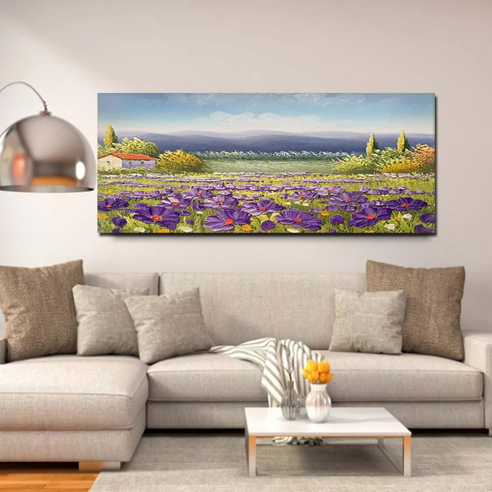 

Oil Painting on Canvas Handmade Abstract Purple Flower Field Landscape Art Scenery Canvas Living Room Home Decor Drop Shipping