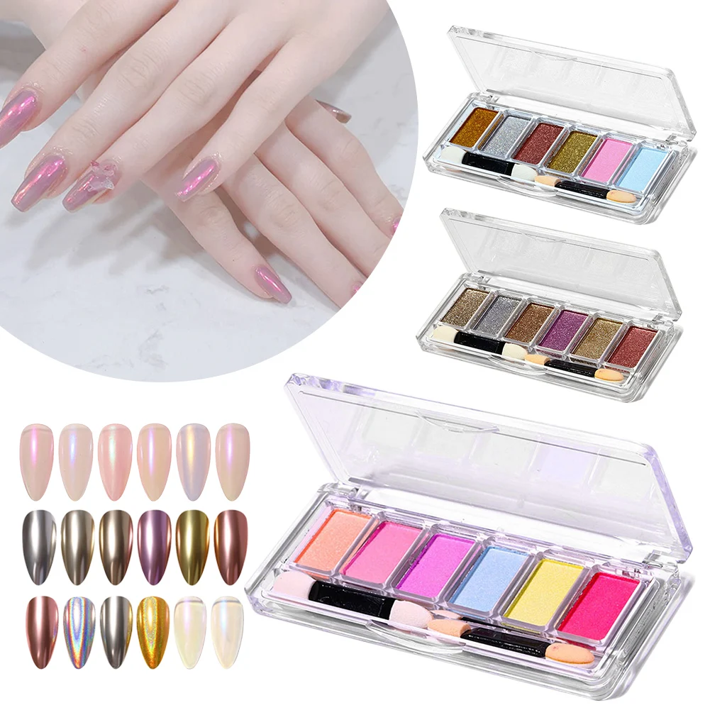 

6 Colors/Set Solid Nail Powder Mirror Effect Holographic Sequins Metal Effect Nail Powders Manicure Nail Pigment Mirror Powder