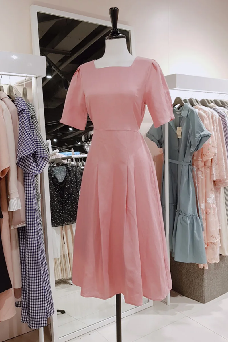 

Plus Size Women Clothing Retro Square Collar Linen Dress for Women Summer 2021 New Ladies Waist Slimming Elegant Pink Dress