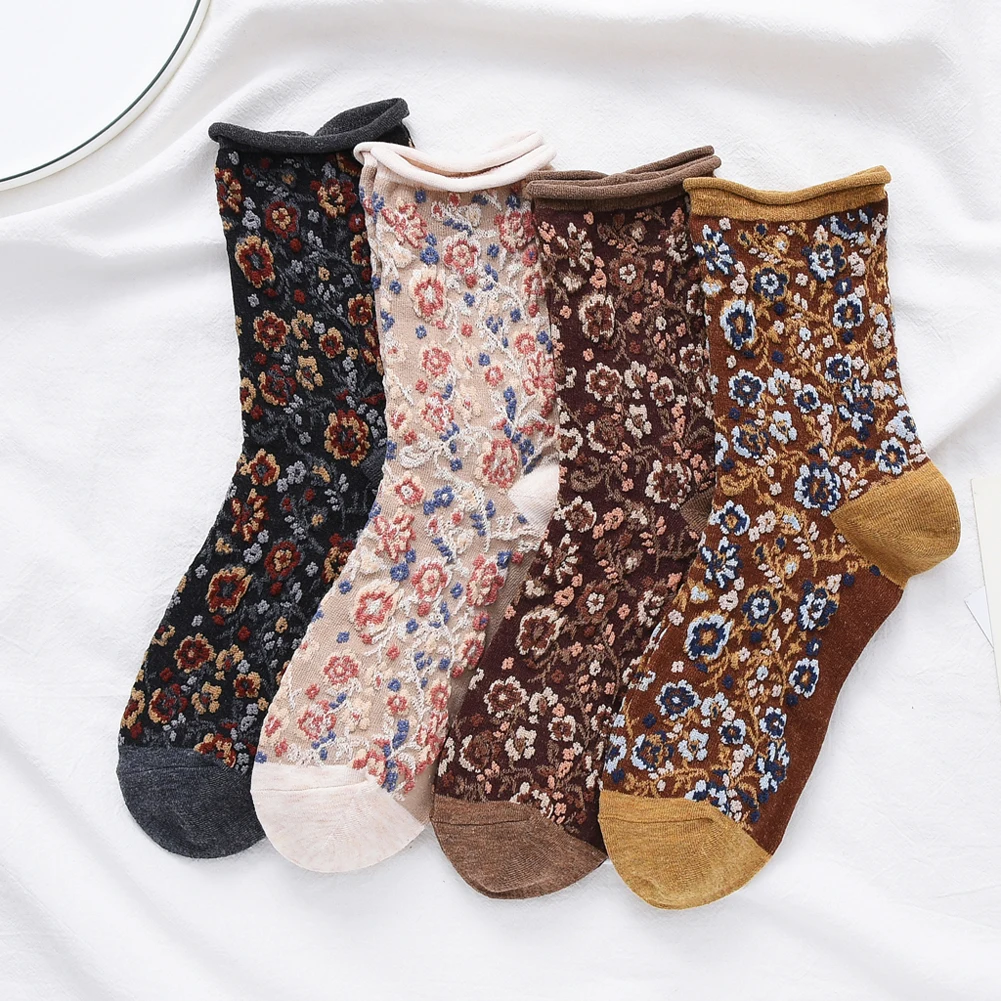 

New Harajuku Flower Women Silk Socks Cotton autumn winter Soft Elastic Comfortable Female Pile Heap Socks skarpetki damskie#38
