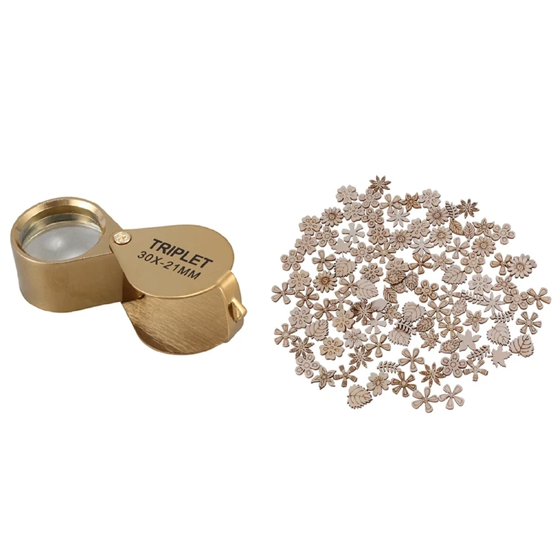 

1 Pcs 30X Power 21Mm Foldable Gold Magnifying Glass & 100Pcs Wood Discs Slices Flower Shape Unfinished Cutouts Craft