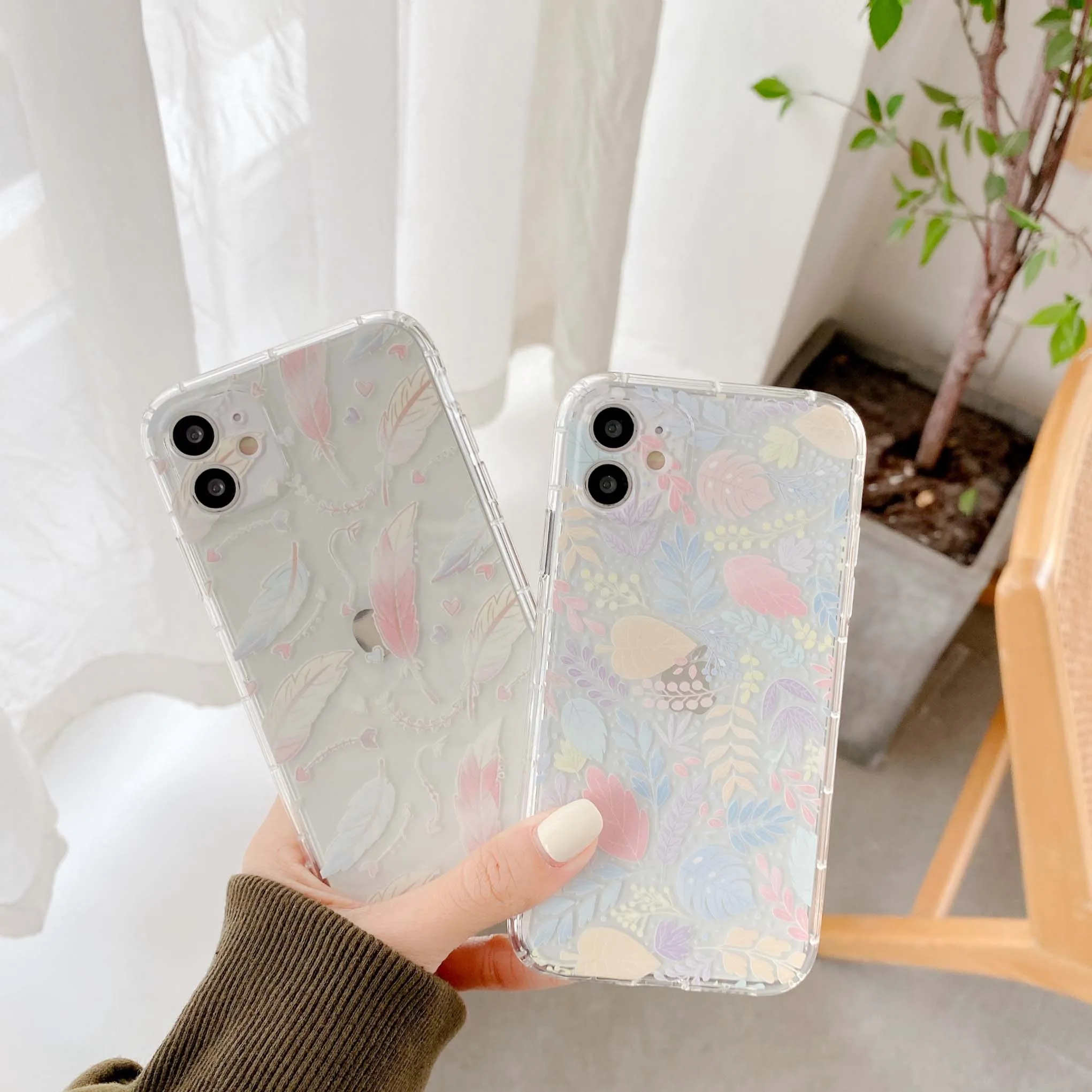 

Rainbow Leaves and feather clear tpu silicone phone case for iphone 12 mini 7 xs max xr x 8 plus 11 pro max cases cover capa