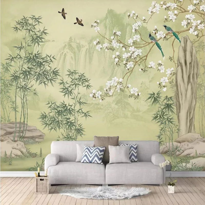 Фото Пользовательские Настенные обои 3D бамбуковые лесные цветы магнолии и птицы