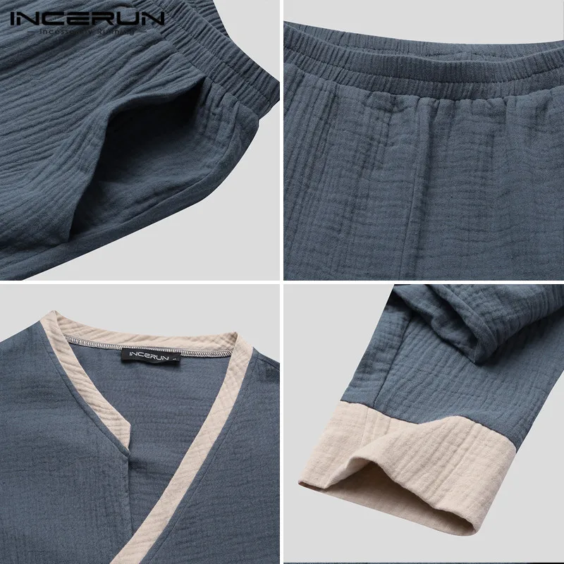 

INCERUN Men Pajamas Sets Cotton Patchwork Homewear Kimono Pants Long Sleeve V Neck Lace Up Comfy Nightwear Men Sleepwear Sets