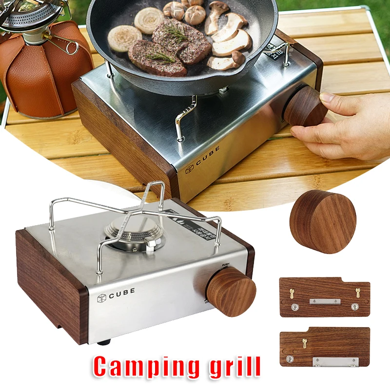 

New Stainless Steel Cassette Stove For Outdoor Camping Barbecue Grill With Wood Side And Switch Portable Camp Cooking Supplies
