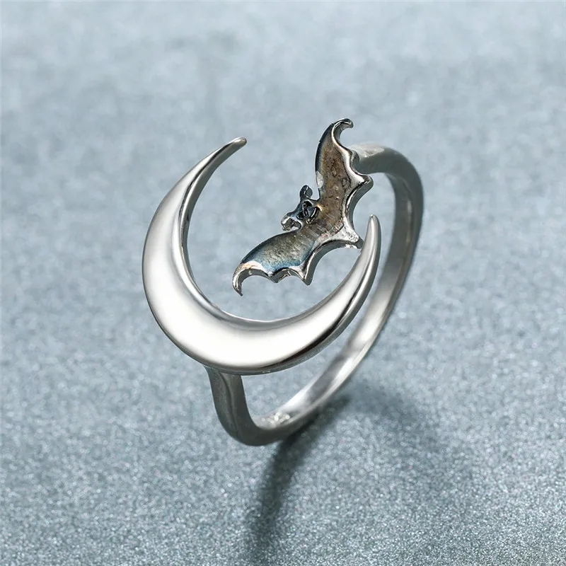 Античное серебряное кольцо с Луной и черной летучей мышью винтажные модные