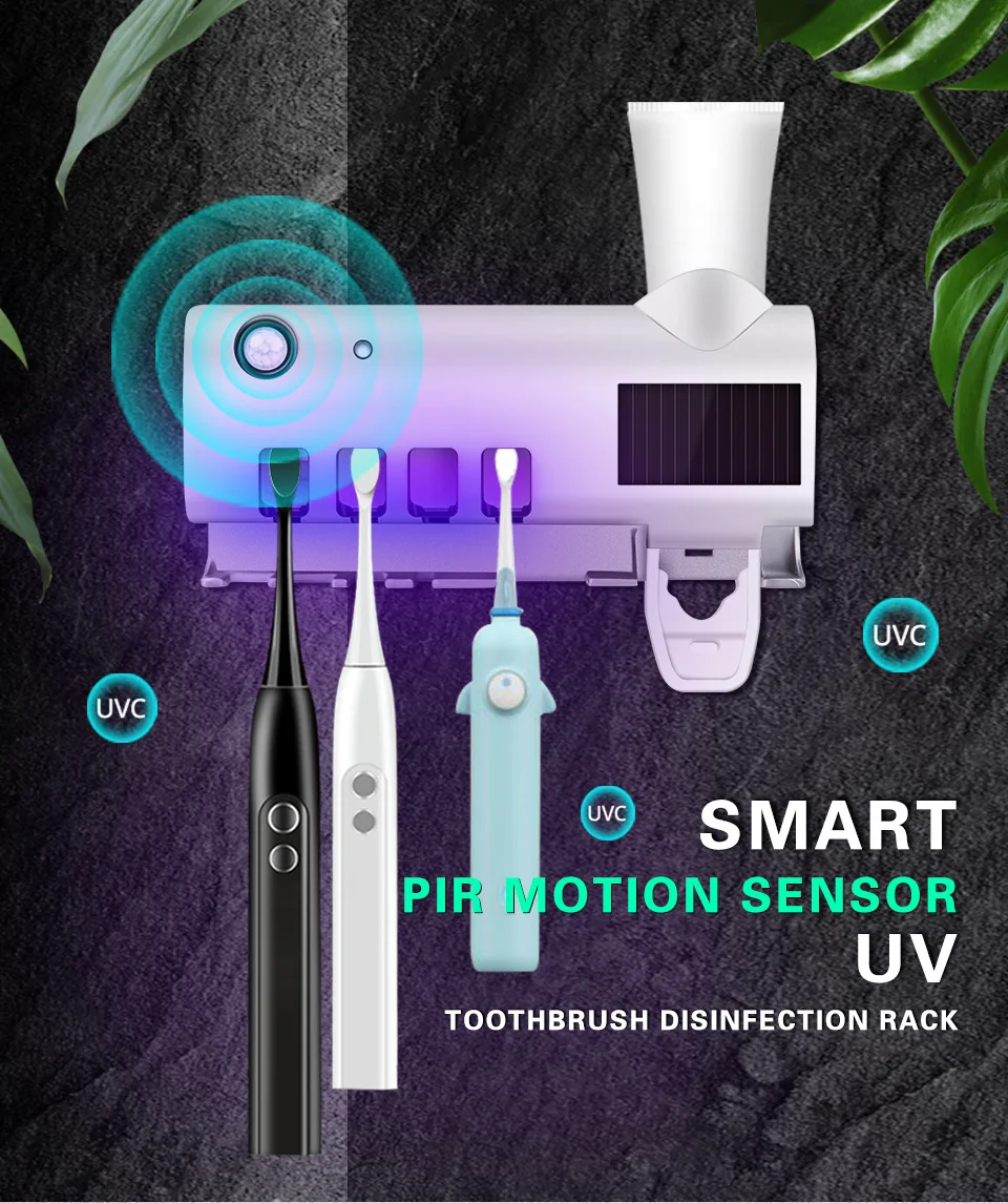 

3 In 1 Toothbrush Holder UV Disinfection 99.99% Sterilization Rate UVC Toothbrush Sterilizer With Toothpaste Squeezer Holder