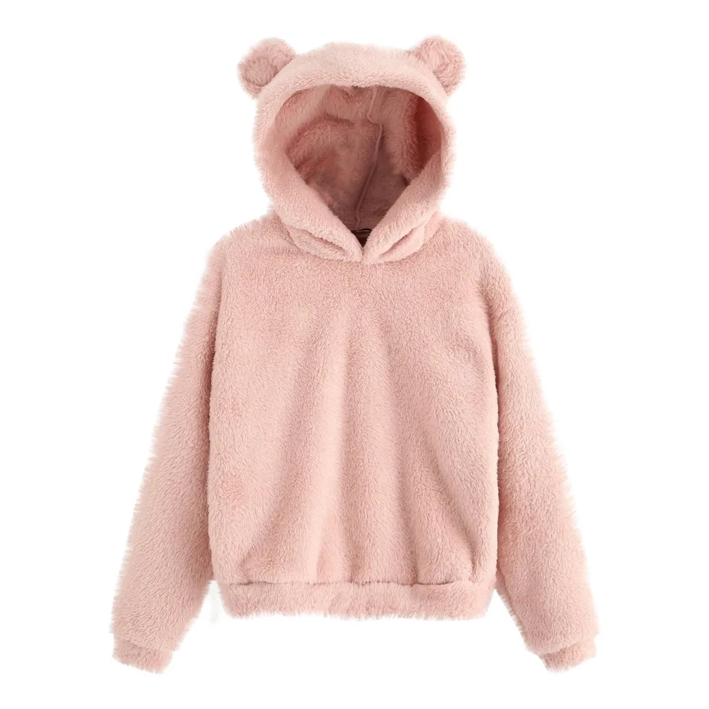 

Women's Long Sleeve Fleece Sweatshirt Warm Bear Ear Shape Fuzzy Hoodie Pullover Solid Thicken Winter Warm Hooded Sweatshirts