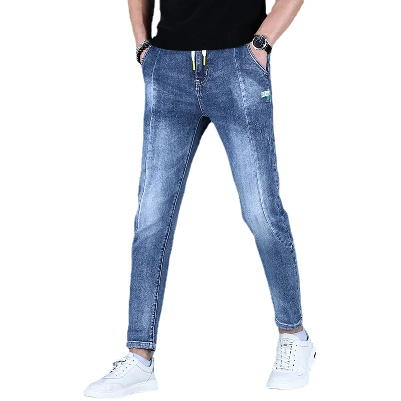Mens Fashion Spliced Blue Jeans Men Summer Casual Embroidery Slim Fit Pencil Pants