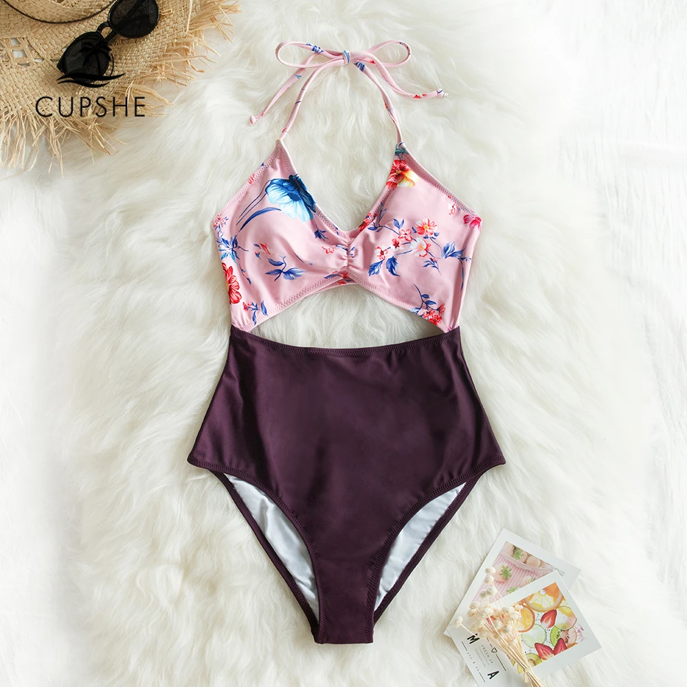 CUPSHE розовый и фиолетовый цветочный вырез Холтер цельный купальник сексуальный