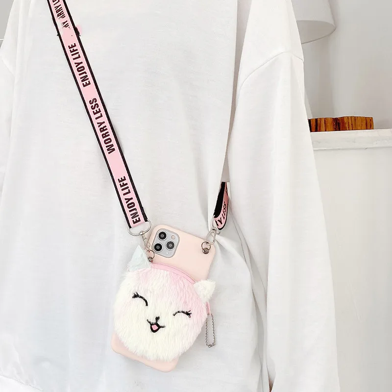 

Cute Plush Cat Coin Purses Cases For OPPO Reno ACE 2Z 2F 10X Zoom 3 4 SE 5 Pro K7 3D Unicorn Furry Wallet Bag Cover