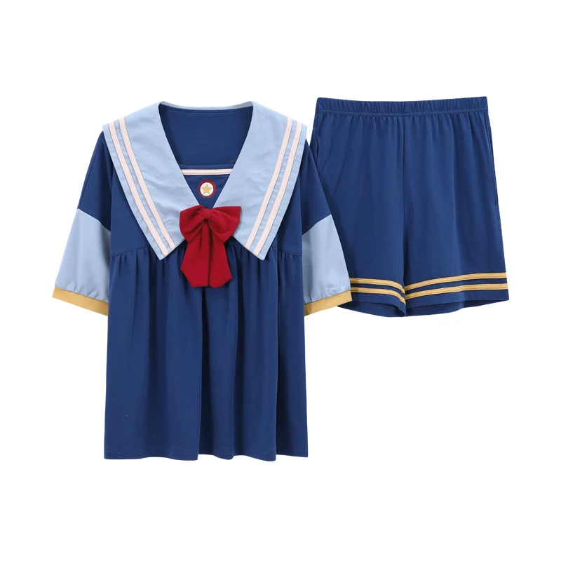 

Women Cotton Sailor Moon Cartoon Bowknot Short Sleeve Pajama Sets Kawaii Patchwork Turn-down Collar Fashion Large Size Homewear