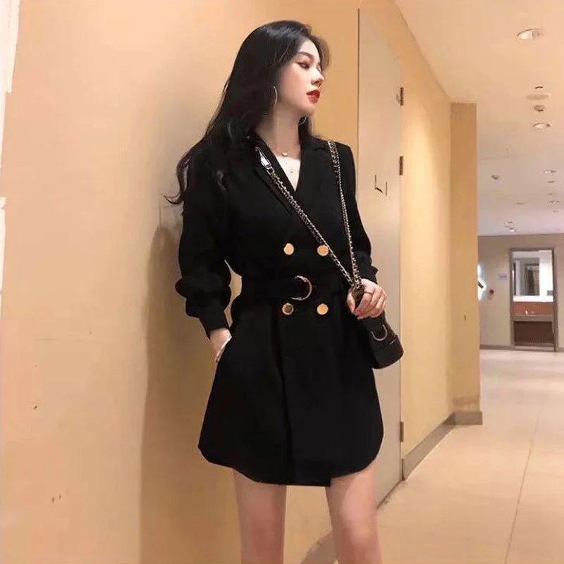

M-4XL Women Spring Autumn Long Sleeve Blazer Dress Female Korean Sexy V-Neck Double-breasted Vestidos Lady Elegant Black Dresses