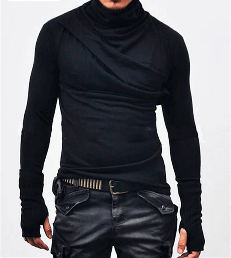 

men turtleneck long sleeve T-shirt Men fashion casual tee gloves male slim fit costume clothing top coats