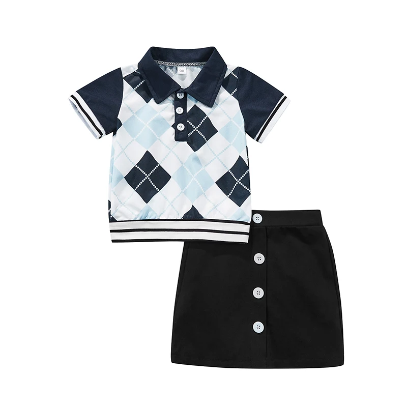 

Комплект с юбкой для маленьких девочек, клетчатый пуловер с коротким рукавом, рубашка с воротником и юбка на пуговицах