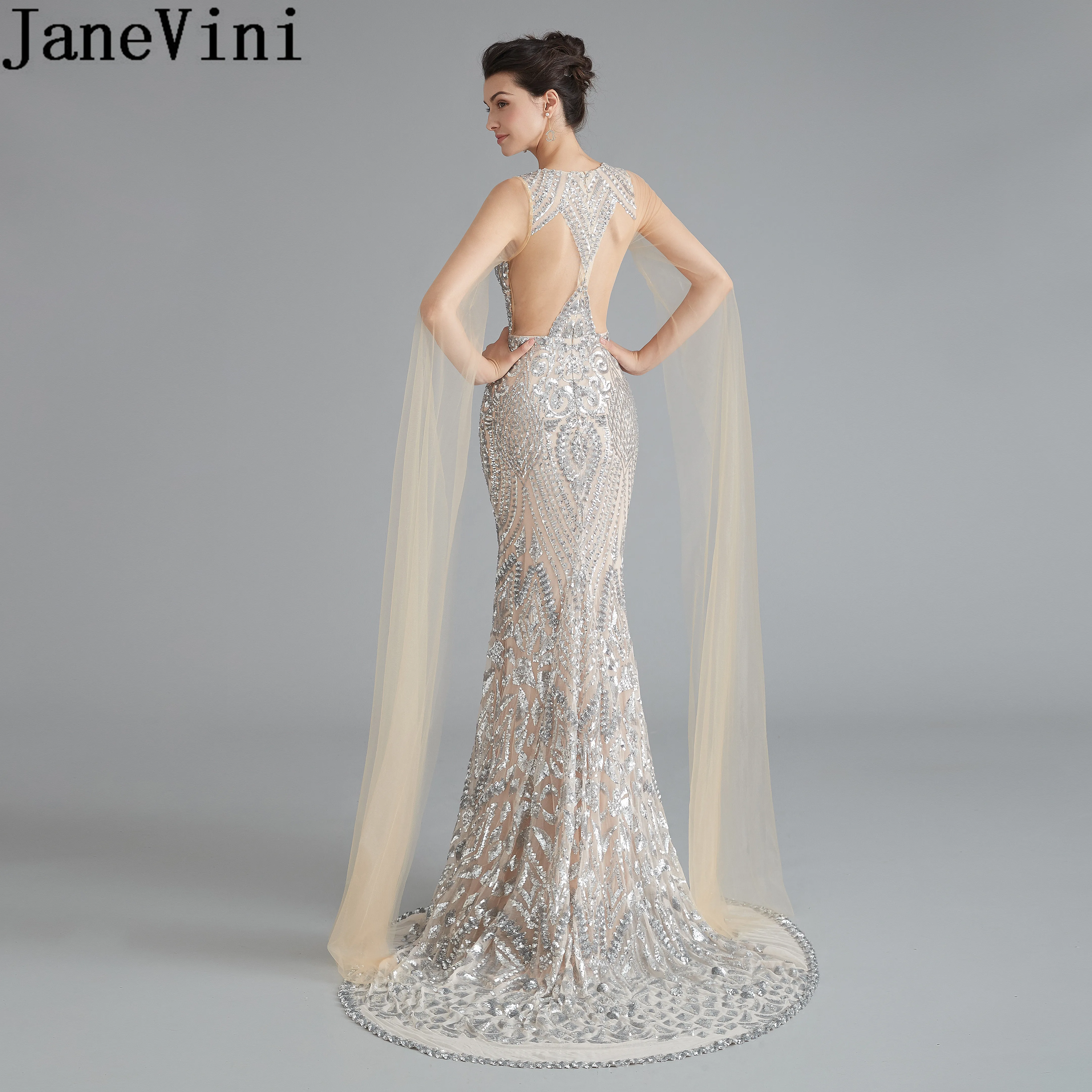 

JaneVini Dubai Gold Sequin Gown Mermaid Party Evening Dresses Arabic Tulle Women Formal Dress Long Sleeve Robe De Soire 2019
