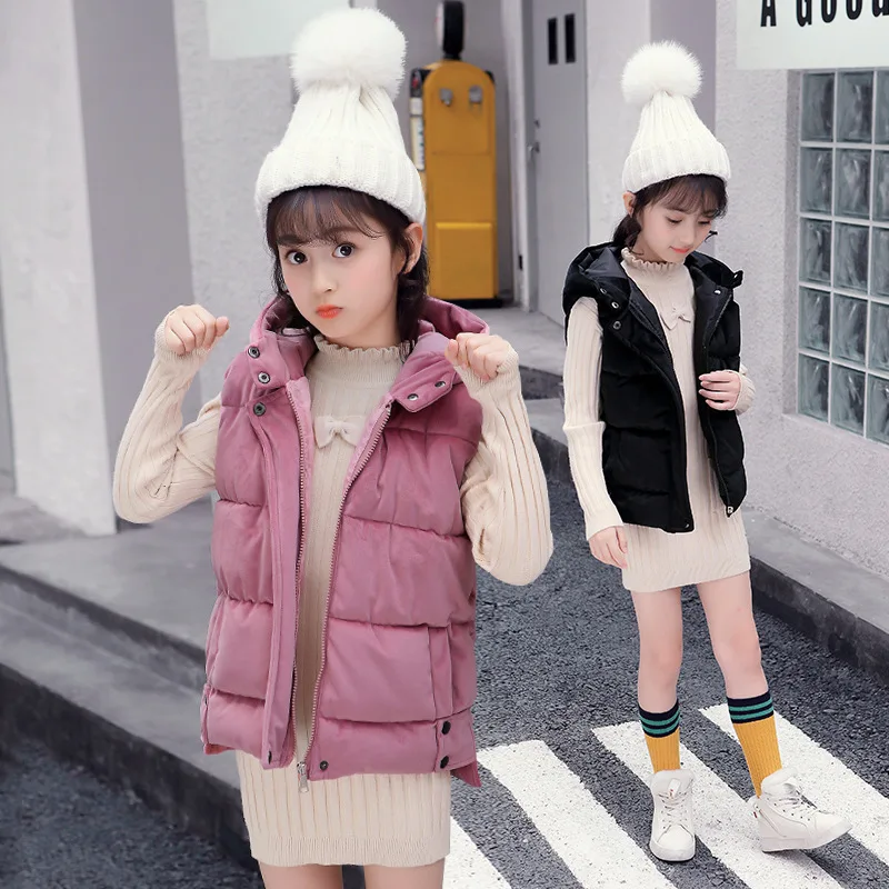 Длинный бархатный жилет для девочек 3 - 12 лет простые топы без рукавов с капюшоном