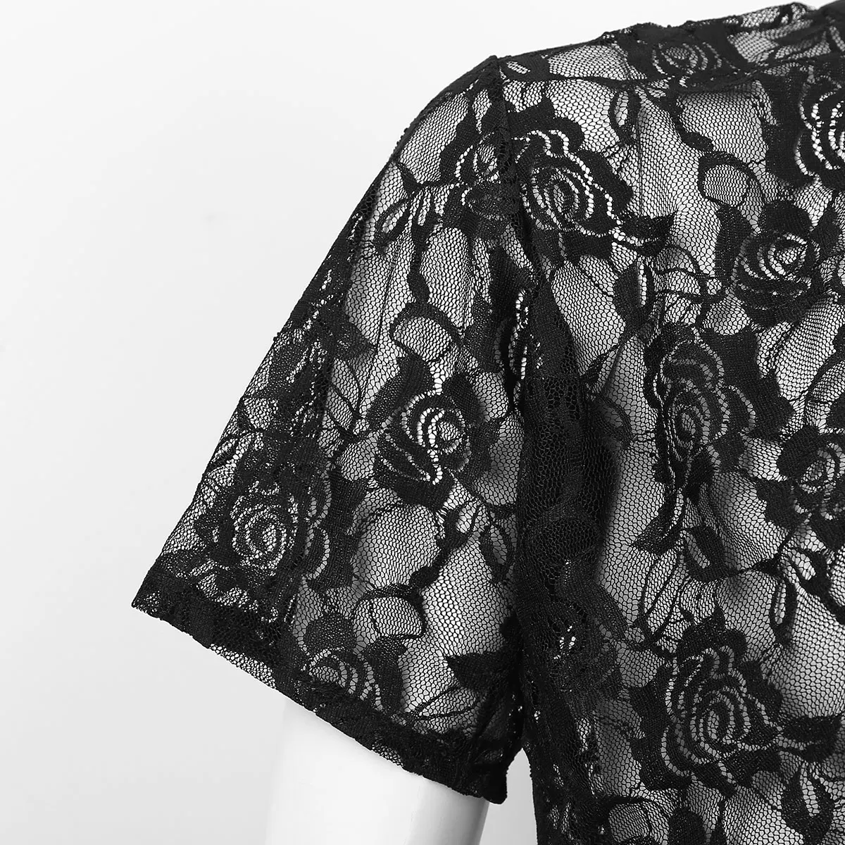 

Women Hollow Out Floral Lace Mesh Shirts Tees Female Summer V Neck Short Sleeve Elegant Black Transparent Blouses Tops