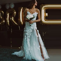 strapless floral dress sexy white wedding dress with slit hand make 3d flowers dress for bridal floor bride dress with trian
