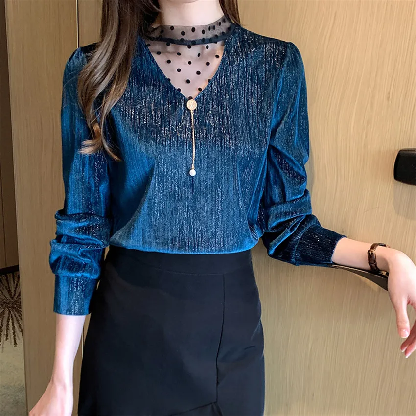 

Korean Fashion Sexy Sheer Mesh Velvet Blouse Long Sleeve Basic Undershirt Pullover Women Tops Vintage Blusa Feminina