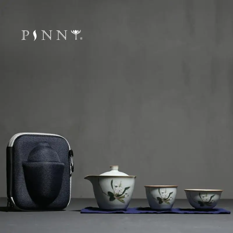 

PINNY Your Kiln Portable Porcelain Tea Set Ceramic Kung Fu Tea SetS 1 Pot 2 Cups Handpainted Flowers Travel Tea Service