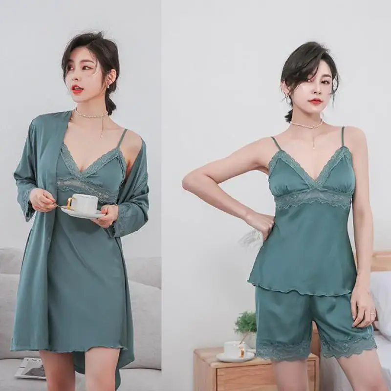 Комплект женский атласный из 4 предметов пикантная кружевная короткая Пижама