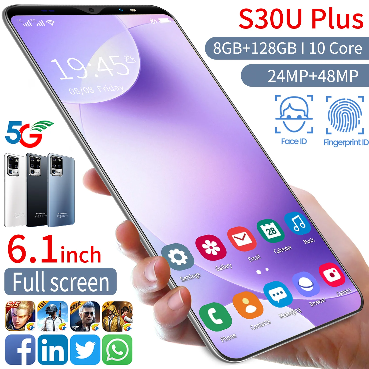 

Smartphone 5G S30U Plus 6.1Inch Full Screen 8+128GB 24MP+48MP 10Core 3040*1440 Finger ID 4800MAH Double SIM Card Android10.0
