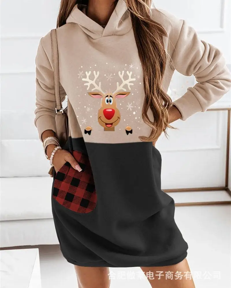 

Women's Christmas Hooded Fashion Long Sleeve Women's Sweatshirt Dress