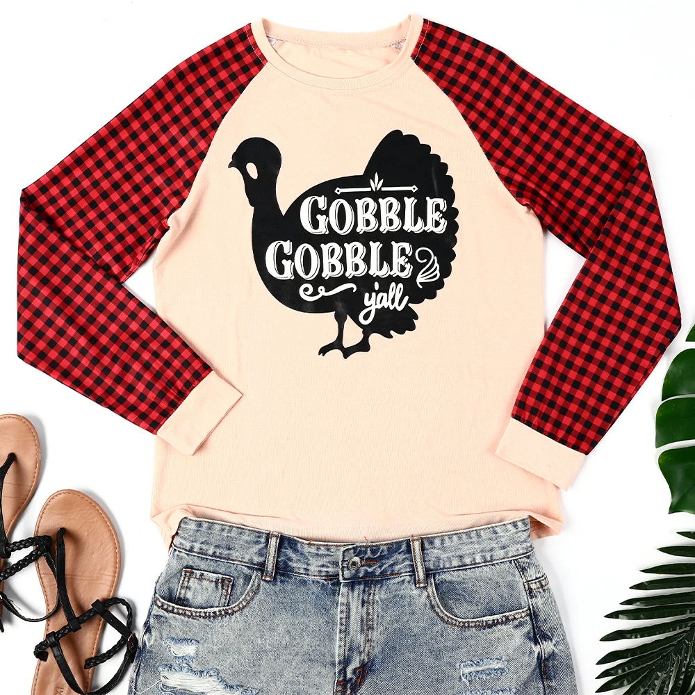 Рождественский вышитый клетчатый принт индейки футболка для женщин круглый
