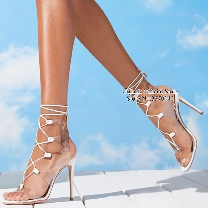 Beli Seksi Sepatu Hak Tinggi PVC Tumit Tinggi Sandal Putih Renda Sandal Tali Cut-Out Peep Toe Berongga Gaun Pesta Sepatu Drop Kapal