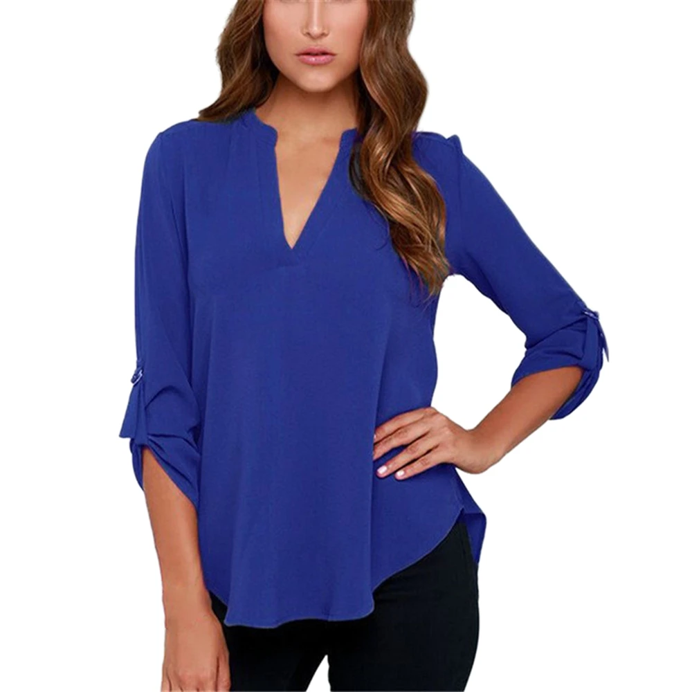

Женская шифоновая блузка с длинным рукавом, сексуальная однотонная блузка, женские топы, блузки, Женская Офисная туника, рубашки с V-образны...