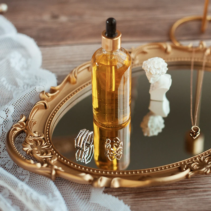 

European Retro Gold MirrorPortable Vintage Cosmetic Makeup Mirror Hand Hold Oval Display Tray Home Decoration Accessories #12