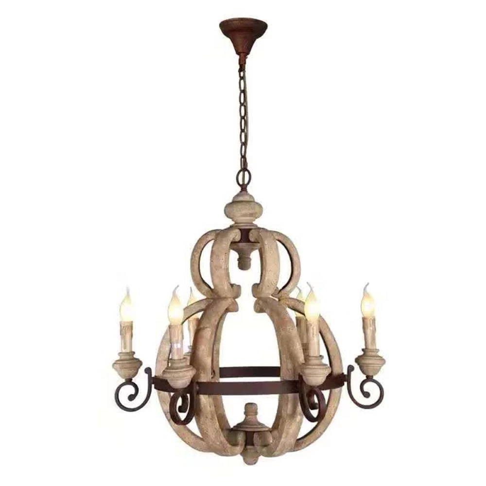 

New UMEILUCE Vintage 6 Lights Wood Chandelier Lighting Retro Iron Candle Hanging Lamp for Dining Living Room Coffee Bar E12/E14