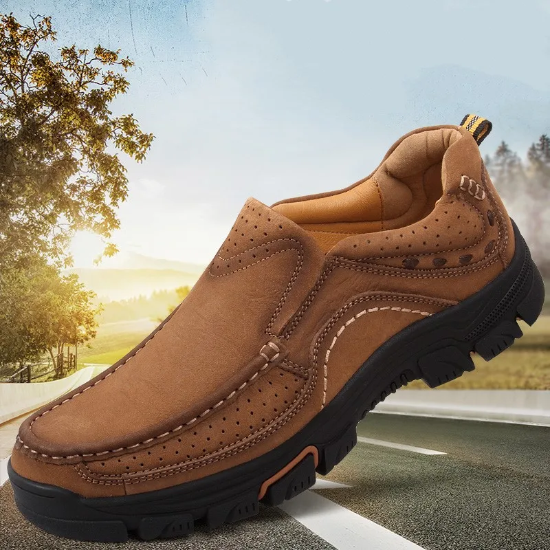 

Hot Sale Men Hiking Shoes Genuine Leather Men's Comfortable Loafers High Quality Male Outdoor Sneakers Retro Mens Slip on Shoes