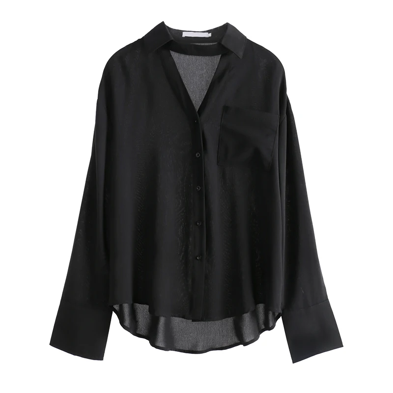 Винтажная шифоновая женская блузка и рубашки 2021 летняя новая черная сексуальная