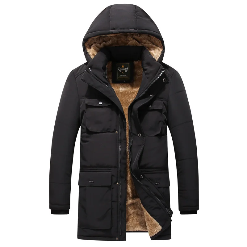 Men's plush cotton jacket plus size medium and long cotton jacket down cotton jacket cold proof detachable hat warm cotton
