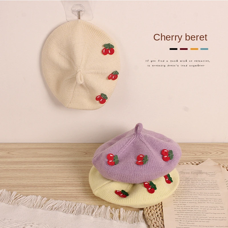 

2021 Japanese Style New Autumn Winter Baby Girls Cherry Beret Caps Children Clothes Accessiories Match Kids Knitted Wool Hats