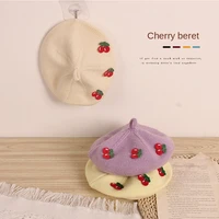 2021 japanese style new autumn winter baby girls cherry beret caps children clothes accessiories match kids knitted wool hats
