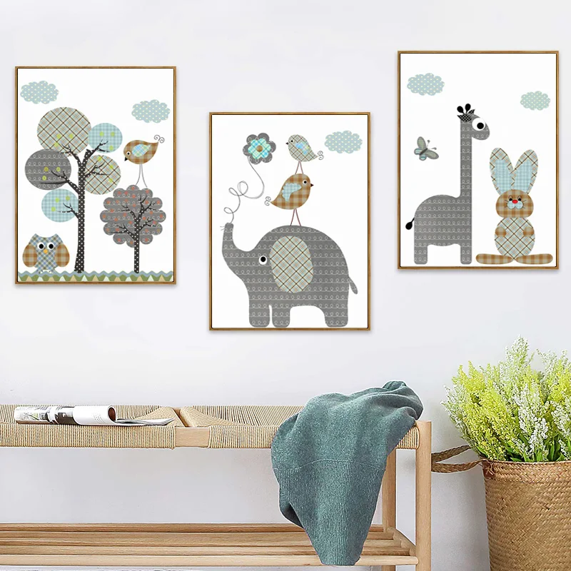 Картина на стену в скандинавском стиле с изображением жирафа кролика слона | Дом