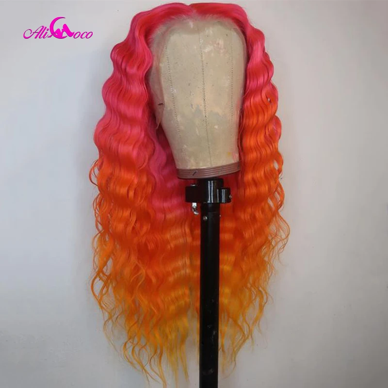 Парик Ali Coco с цветным розовым фиолетовым Омбре оранжевым кружевом спереди 13x4 HD