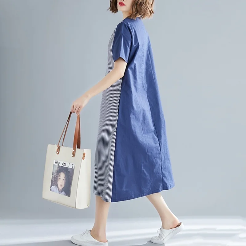 Длинное платье в полоску винтажное женское из хлопка и льна с круглым вырезом