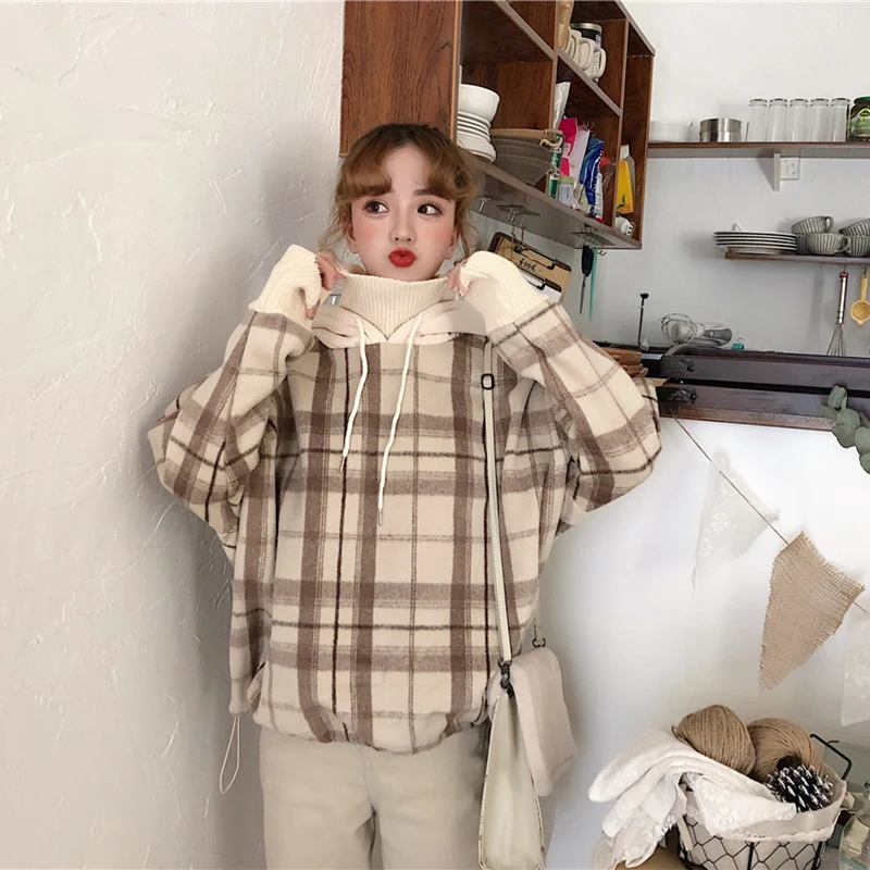 Толстовка Женская в клетку Свободный пуловер с высоким воротником и капюшоном