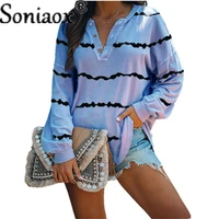 tie dye striped oversized long sleeve t shirt womens autumn loose casual long shirts tops ladies v neck street clothes
