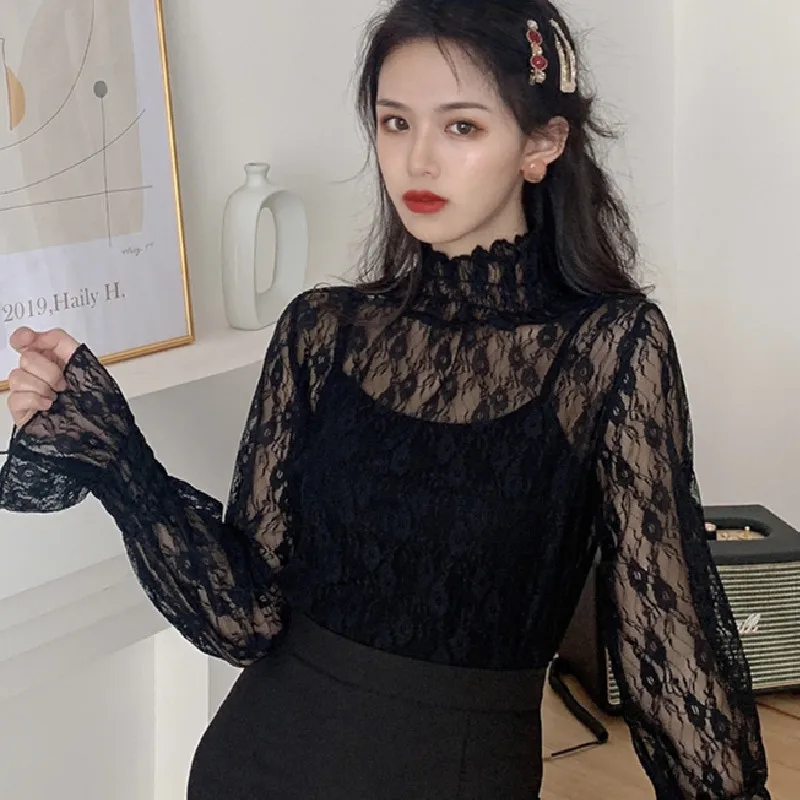 

Elegant Lace Shirts Ladies Casual Flare Sleeve Turtleneck Blouse and Tops Women 2021 Spring Korean Style Basic Shirt Female Chic