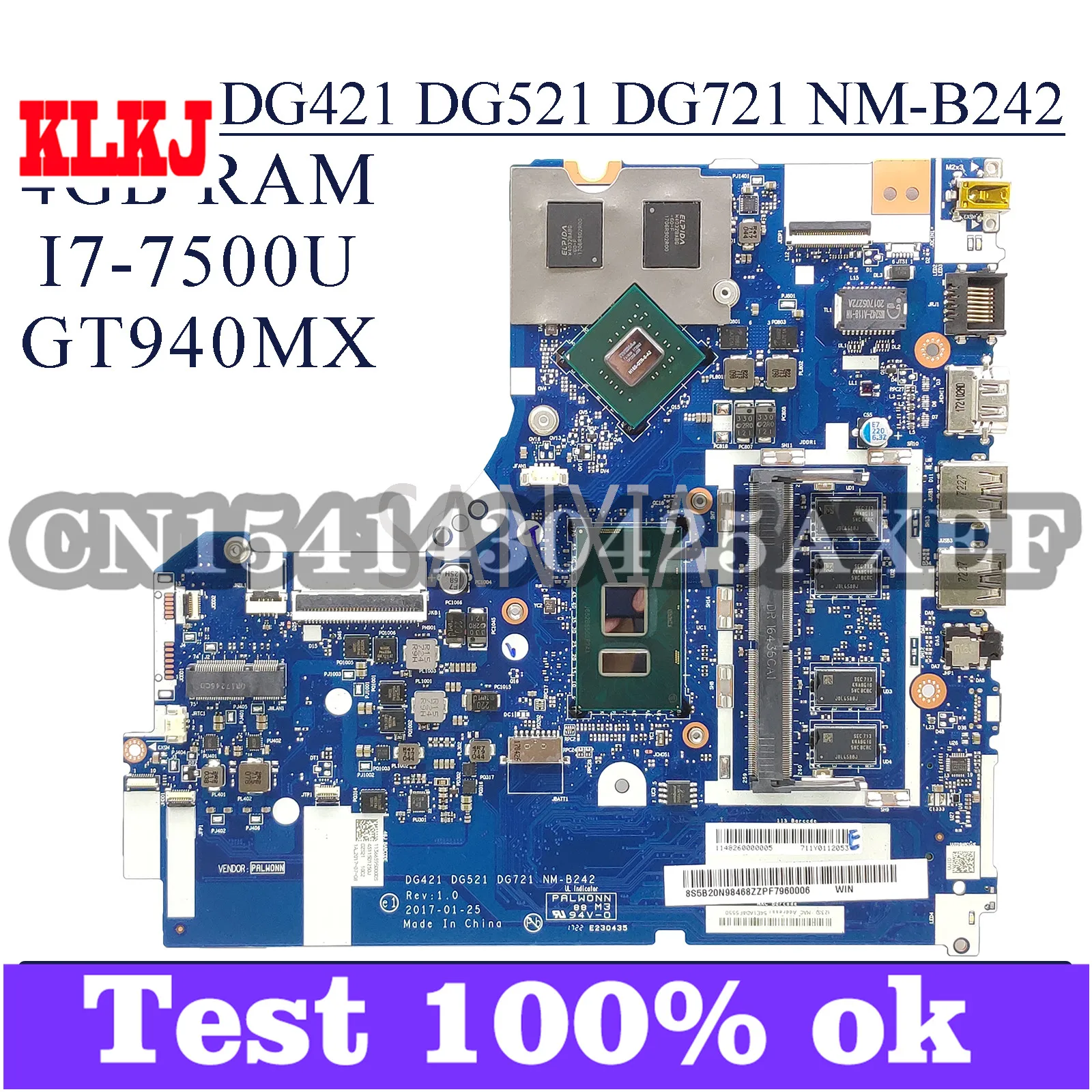 

KLKJ NM-B242 Laptop Motherboard For Lenovo Ideapad 320-15IKB Original Mainboard 4GB-RAM I7-7500U GT940MX