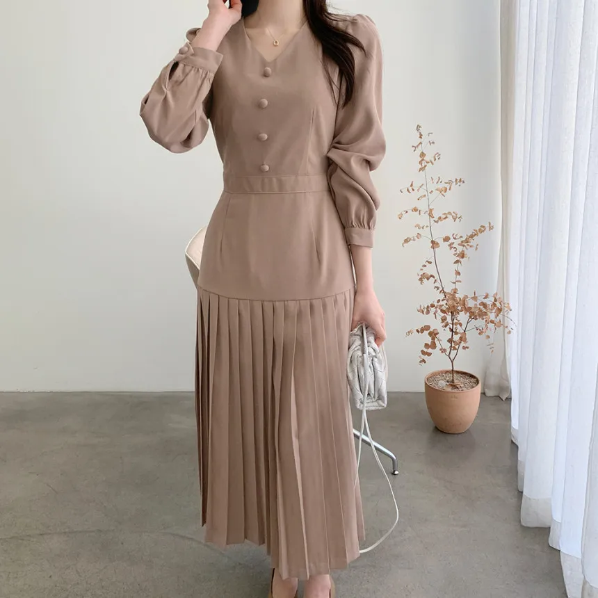 

HziriP All Match OL Pleated Casual Loose Solid A-Line 2021 Office Lady Vintage Fashion Chic Korean Streetwear Women Long Dresses